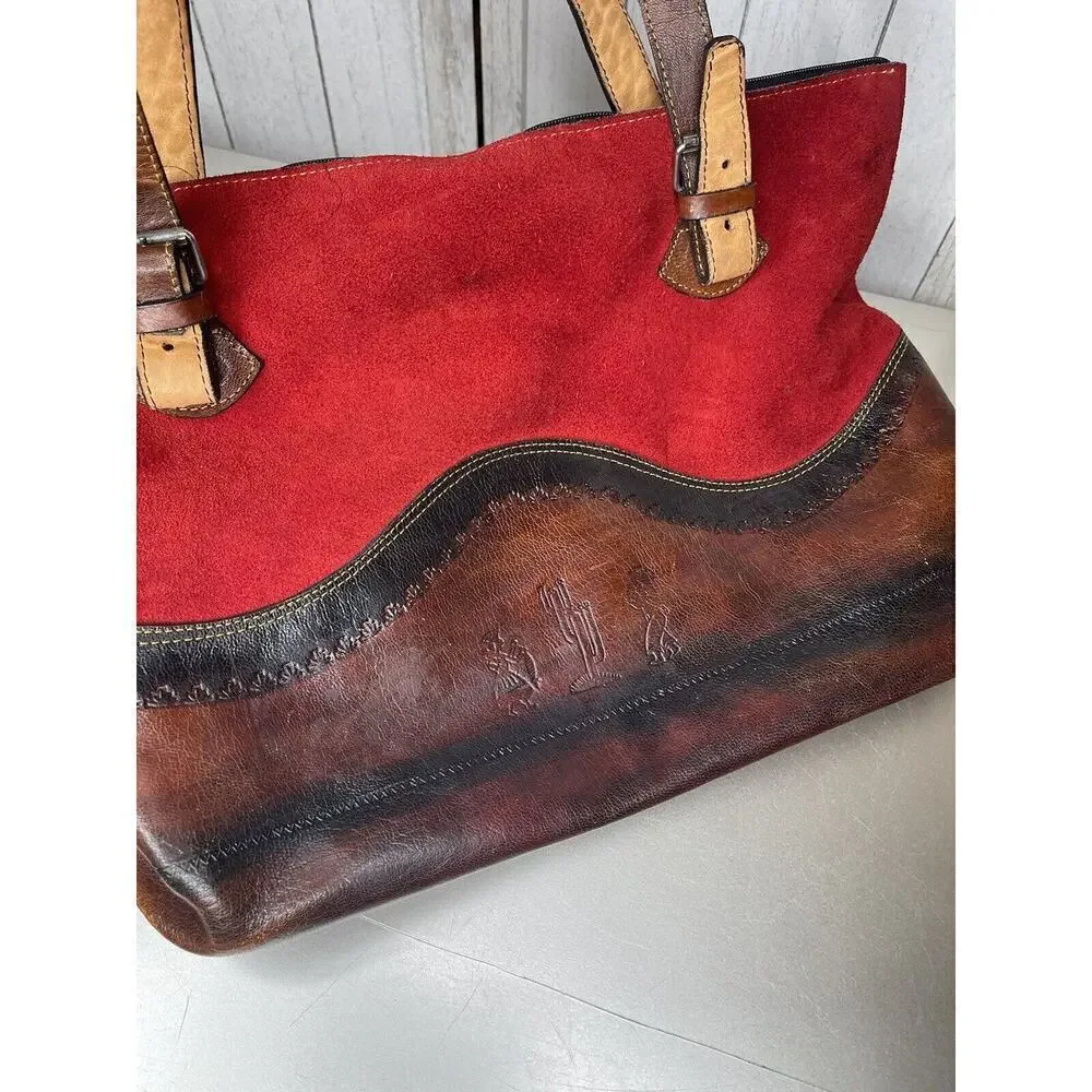 Vintage Red Suede and Brown Leather Trim Tote Bag Southwest Western